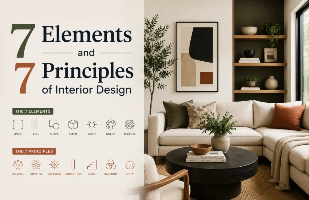 7 Elements and 7 Principles of Interior Design Guide Modern living room illustrating the 7 elements and 7 principles of interior design with a clean, balanced, and contemporary layout.