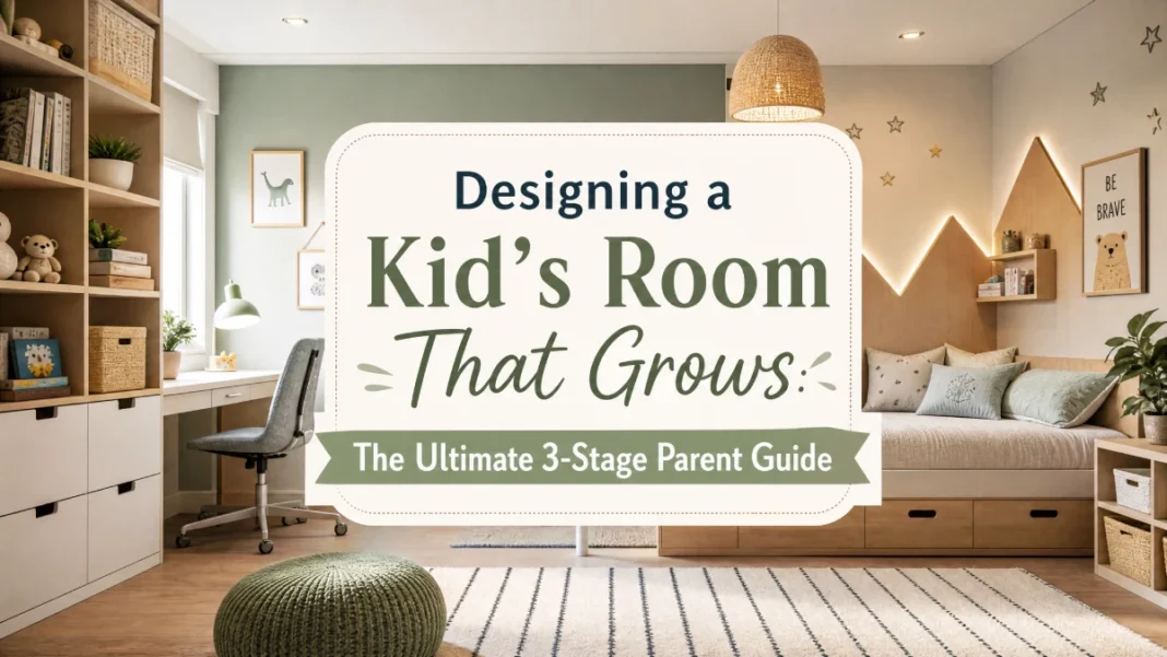 Adaptable Kid's Room Design Guide A bright and modern kid's bedroom with versatile furniture and a professional text overlay titled