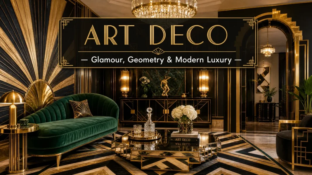 Art Deco Interior Design Guide — Glamour, Geometry & Modern Luxury A luxurious Art Deco interior featuring geometric gold sunburst panels, an emerald green velvet chaise lounge, a crystal chandelier with brass fittings, and a mirrored coffee table, showcasing the glamour and elegance of Art Deco design