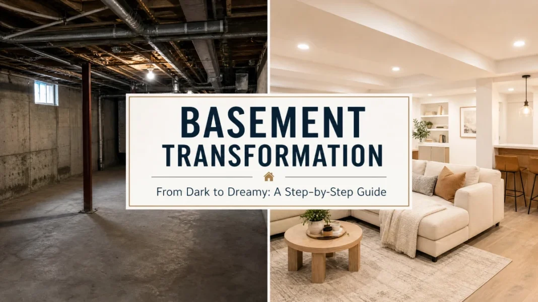 Basement Transformation - Before and After Guide A side-by-side comparison of an unfinished dark basement and a modern, bright, finished living space.