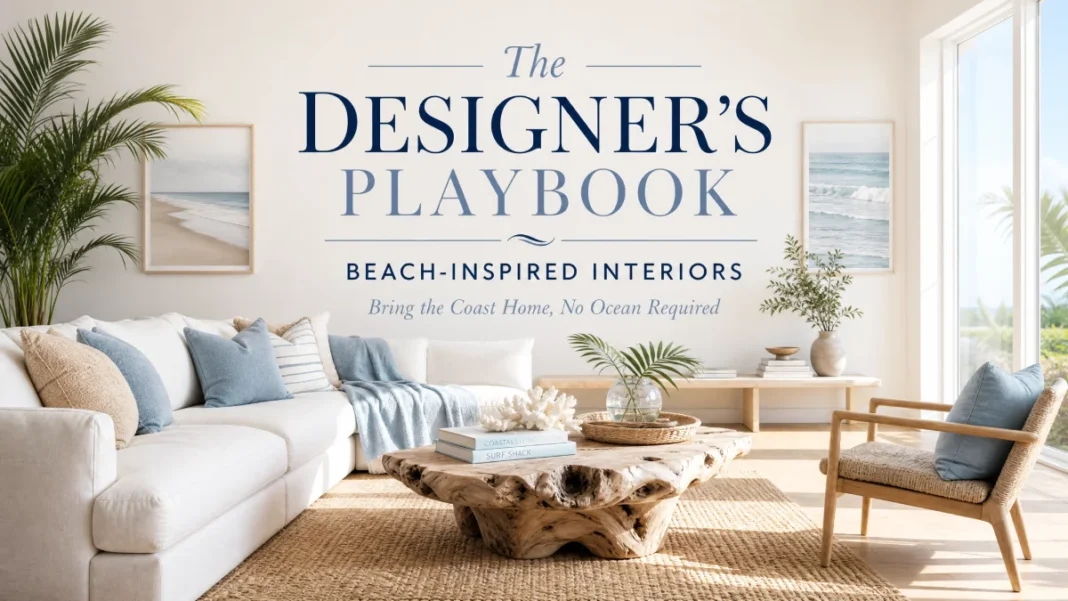 Beach-Inspired Interior Design Playbook A bright and airy modern living room with beach-inspired interior design featuring white linen sofas, coastal decor, and professional text overlay for a designer's playbook article.