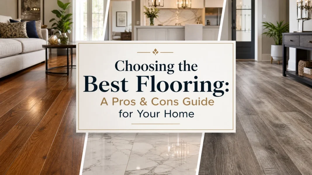 Best Flooring Material - Pros & Cons Comparison-Guide A split-screen image showing a dog's paw on durable luxury vinyl plank next to a spilled juice glass on elegant hardwood flooring, illustrating the pros and cons of flooring choices.