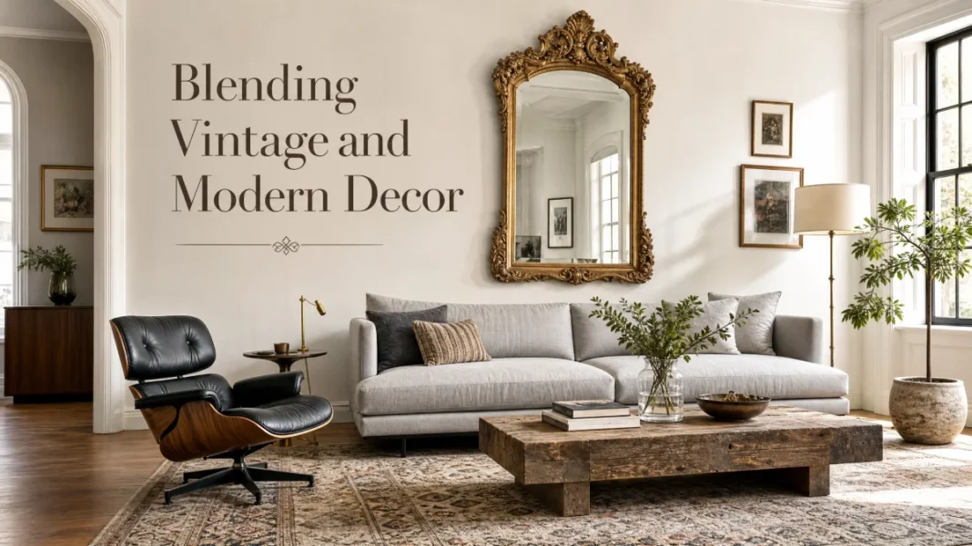 Blending Vintage and Modern Decor Designs A modern living room featuring a minimalist gray sofa, an ornate gold vintage mirror, and a mid-century Eames-style lounge chair, illustrating the blend of vintage and modern decor.