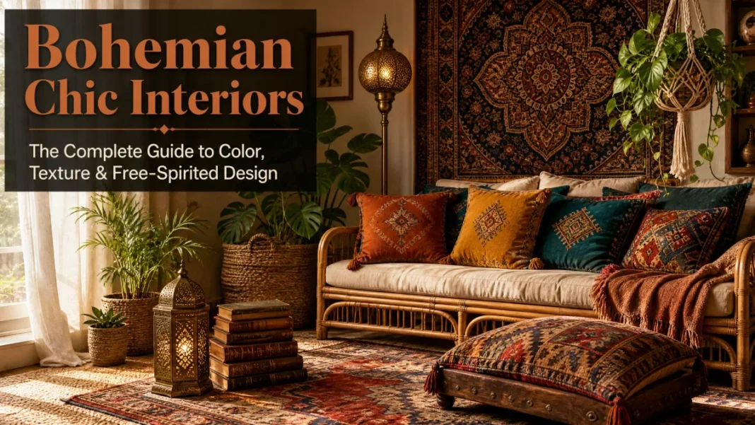 Bohemian Chic Interiors – Complete Guide to Color, Texture and Free-Spirited Design Bohemian chic interior living room featuring a rattan sofa with jewel-toned embroidered cushions, Moroccan tapestry wall hanging, macrame plant hanger, brass lantern, layered vintage rugs, and lush greenery, with text overlay reading