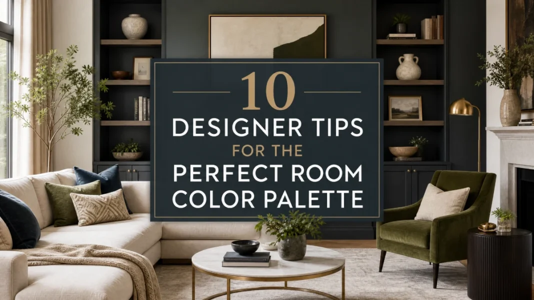 Choosing Room Color Palette - Designer Tips A modern living room featuring a harmonious color palette with professional text overlay reading