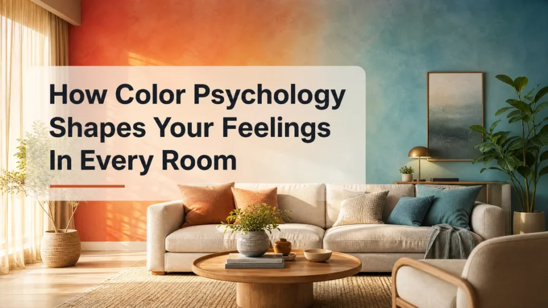 A modern living room with a gradient wall transitioning from warm orange to cool blue, illustrating how color psychology shapes feelings in every room