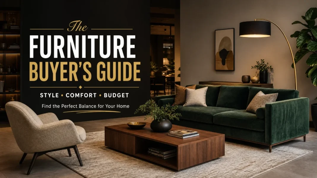 Complete Furniture Buyer's Guide A stylish and modern furniture showroom featuring a green velvet sofa, a wooden coffee table, and an armchair with professional text overlay for a furniture buyer's guide.