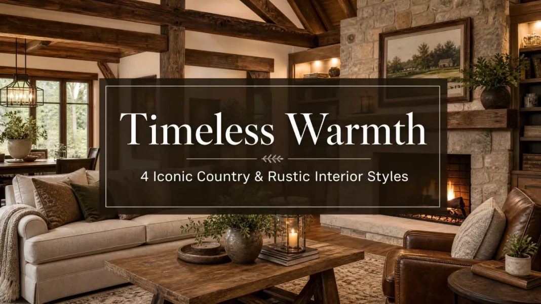 Country Rustic Interior Design - Timeless Warmth A cozy living room featuring country and rustic interior design elements like exposed wooden beams and a stone fireplace, with a text overlay reading