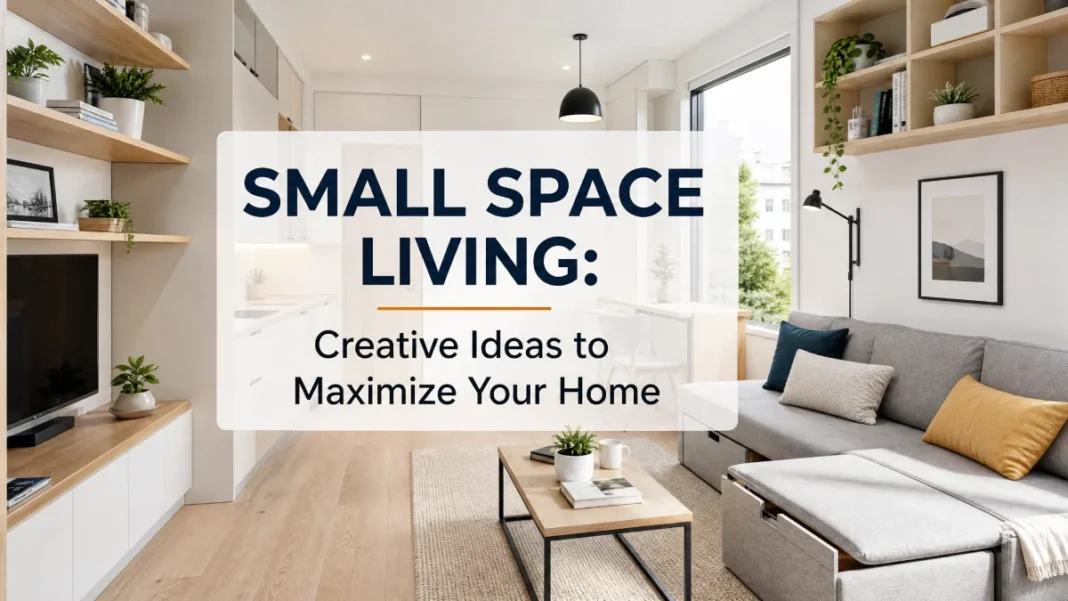 Creative Small Space Living Ideas A bright, modern minimalist studio apartment showing creative small space living ideas like multi-functional furniture and wall-mounted shelving.