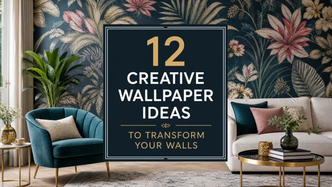 A modern living room with a bold floral wallpaper accent wall and a professional text overlay titled 