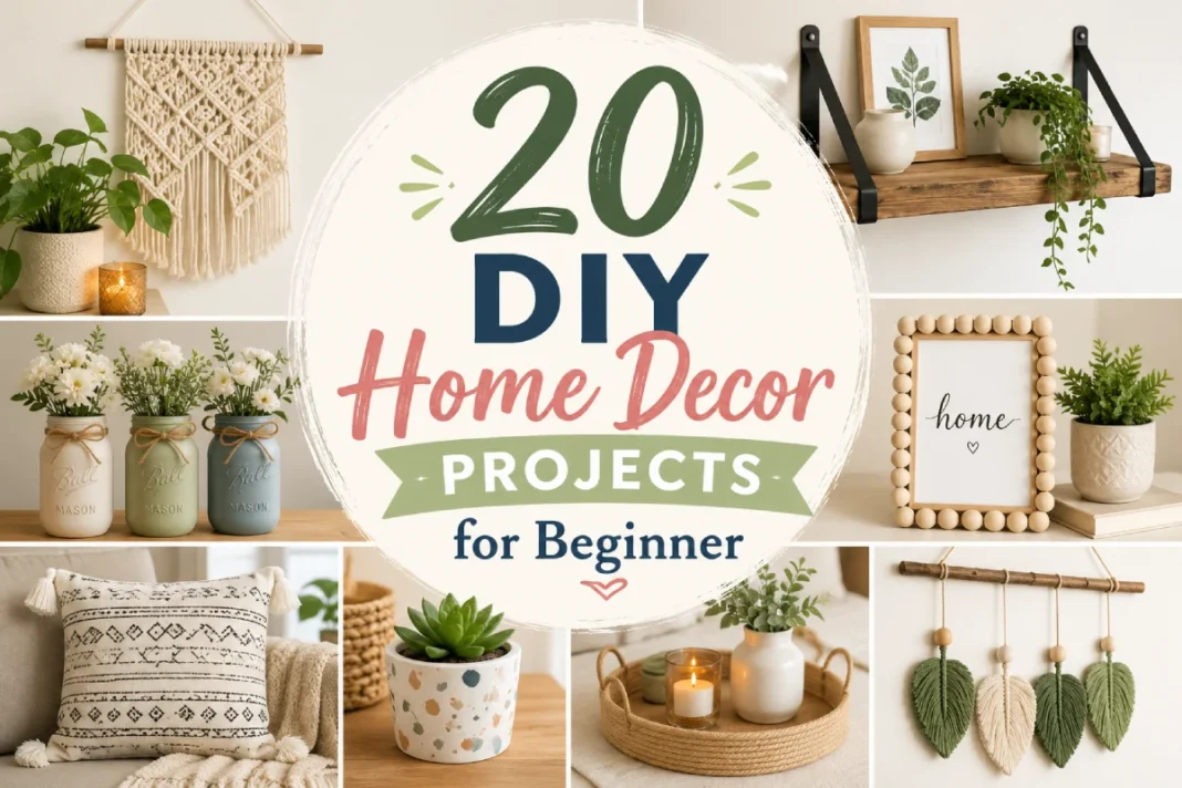 20 DIY Home Decor Projects for Beginners | Easy DIY Decorating Ideas Collage of easy DIY home decor projects for beginners featuring macrame wall hanging, floating shelves, painted mason jars, decorative pillow, succulent planter, tray decor, and bead frame.