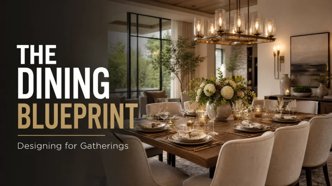 Elegant Dining Room Design - Hosting and Gatherings A beautifully set dining table in an elegant room with sophisticated lighting, prepared for an unforgettable gathering.