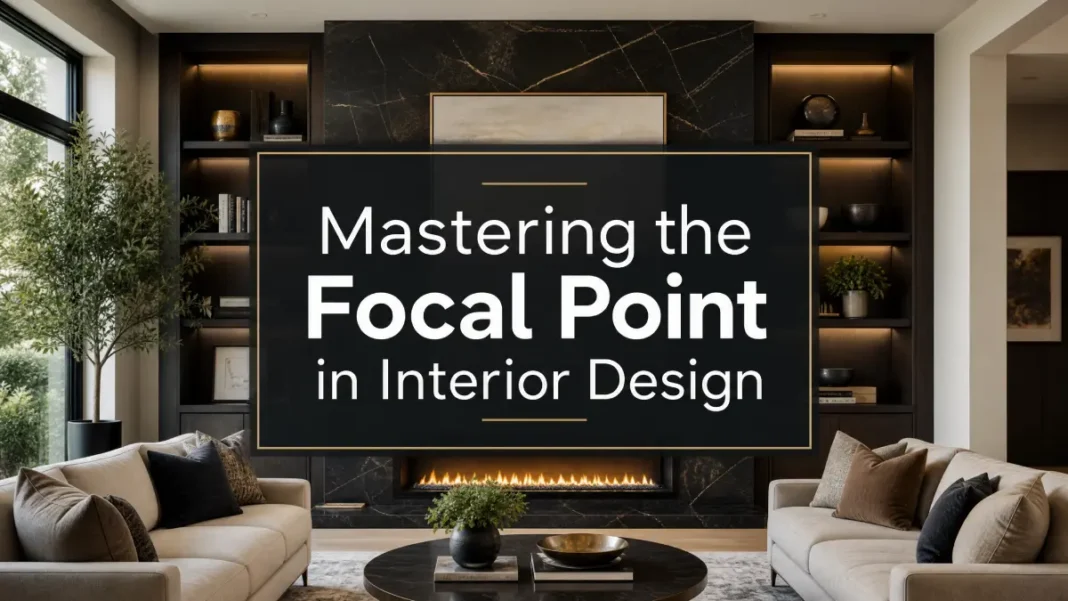 Focal Point in Interior Design - A Beginners Guide A luxurious modern living room with a grand fireplace as a focal point, featuring a professional text overlay titled