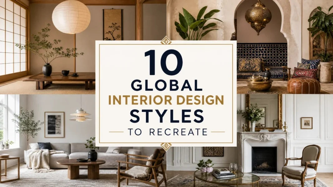 Global Interior Design Styles - Guide A collage of various interior design styles including Japanese minimalism, Moroccan textures, and Scandinavian functionality with a professional text overlay titled