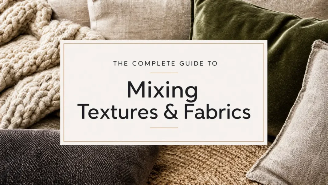 Guide to Mixing Textures and Fabrics - Interior Design A collection of interior design fabrics including velvet, knit, and linen with a professional text overlay titled