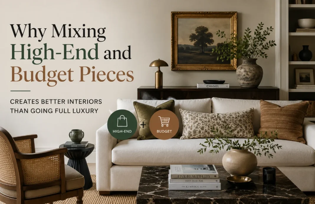 Why Mixing High-End and Budget Pieces Creates Better Interiors Than Going Full Luxury Modern living room featuring a mix of high-end furniture and budget décor pieces, showcasing a balanced and stylish interior design approach.