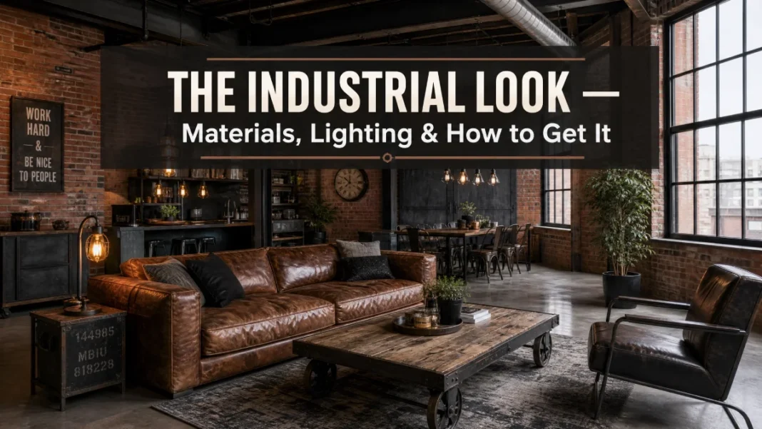 Industrial Interior Design - Guide A modern industrial loft interior featuring exposed brick walls, concrete floors, Edison pendant lights, a brown leather sofa, and steel-framed windows, showcasing the raw and edgy aesthetic of industrial interior design