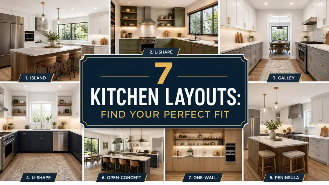 Kitchen Layout - Comparison Guide A collage of different kitchen layouts including island, L-shape, galley, and U-shape with a professional text overlay titled