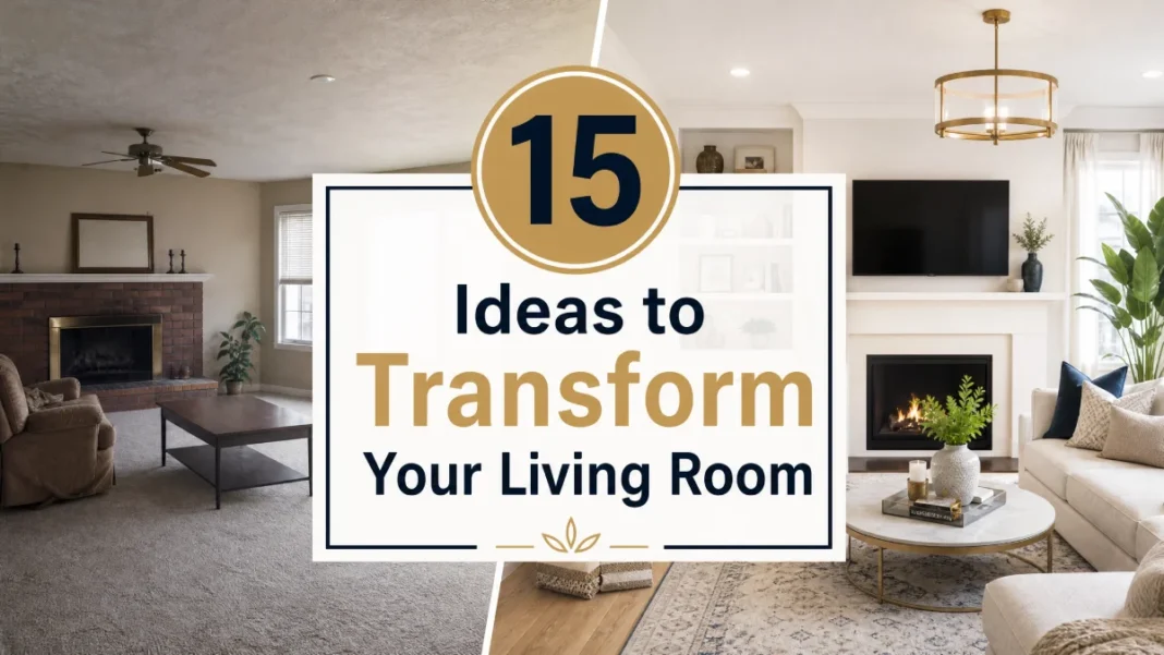 Living Room Makeover Transformation Ideas A split-view image showing a living room before and after a makeover with a professional text overlay titled