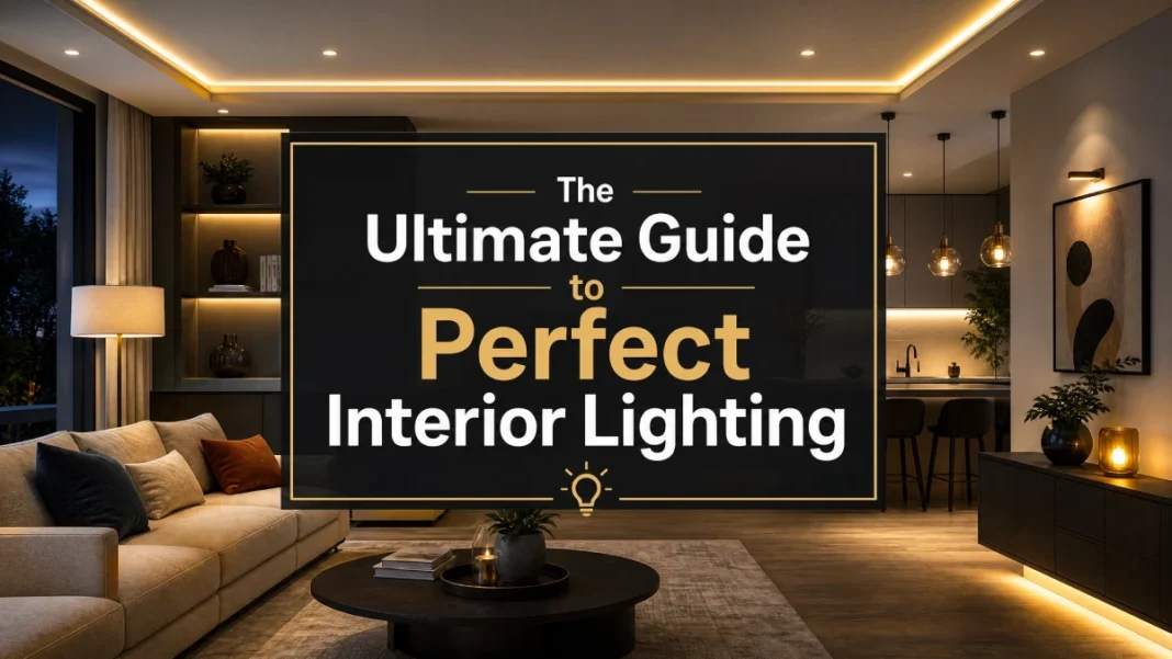 Master Interior Lighting - Layers and Placement A modern living room featuring layered ambient, task, and accent lighting with a professional text overlay titled