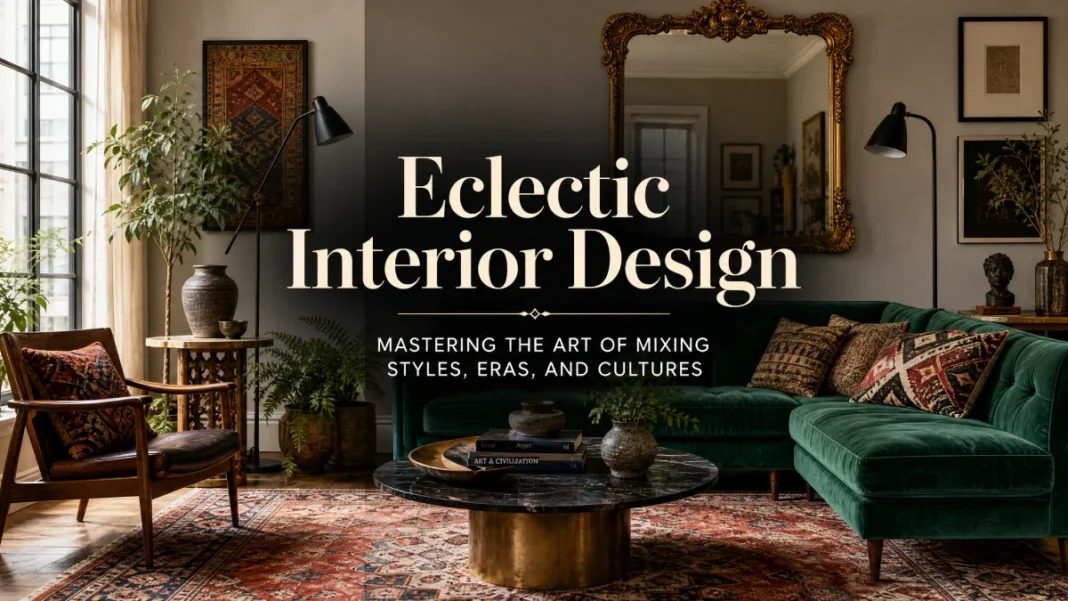 Mastering Eclectic Interior Design A professionally designed eclectic living room featuring a green velvet sofa, vintage Persian rug, and gold-framed mirror, with a text overlay titled