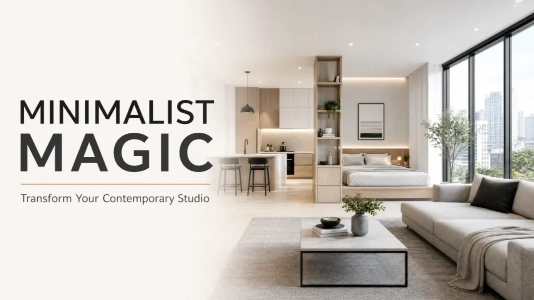 Minimalist Contemporary Studio Apartment Design - Minimalist Magic A bright and sleek contemporary studio apartment with minimalist decor, featuring clean lines and multifunctional furniture.