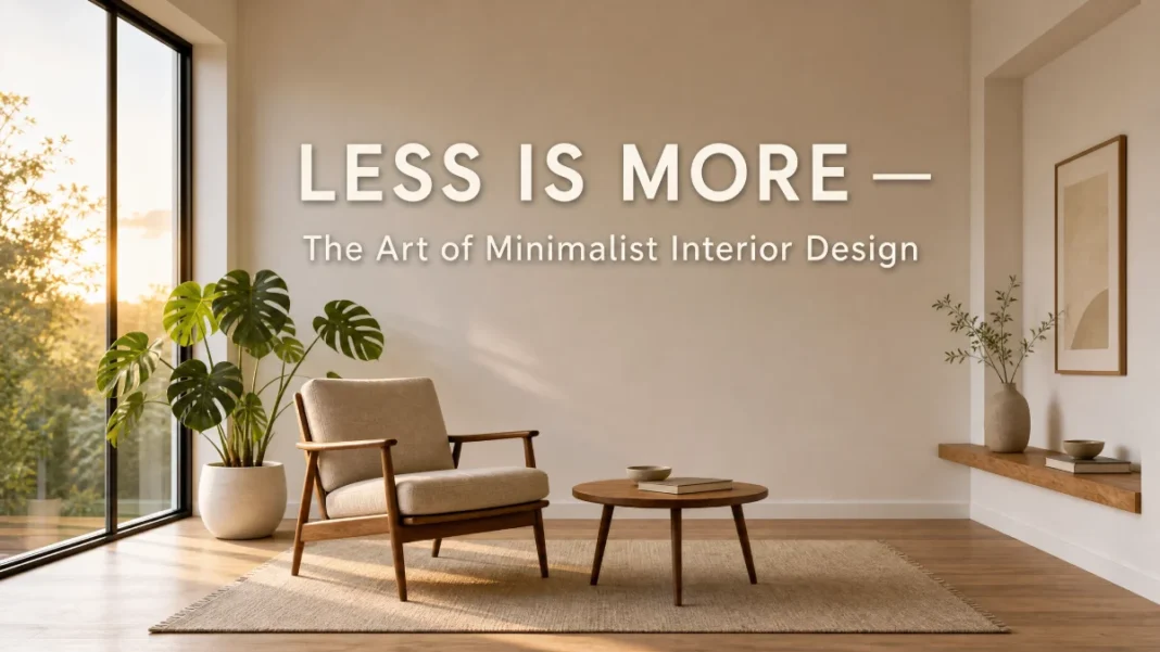 Minimalist Interior Design — Less Is More Philosophy A clean, minimalist living room interior with warm natural tones, showcasing the philosophy of less is more in interior design with elegant furniture and soft natural light