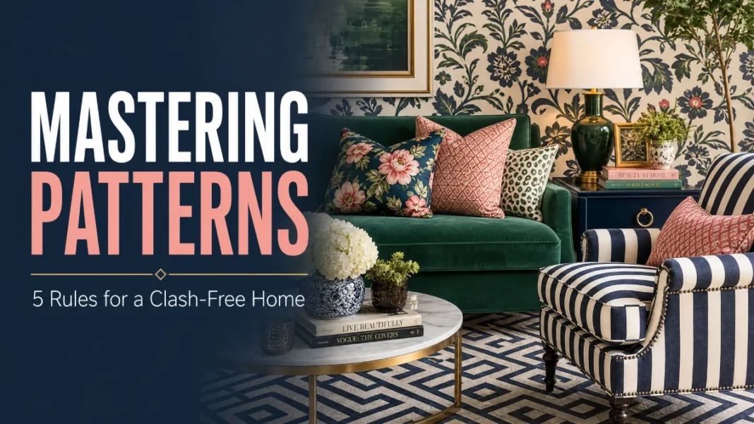 Mixing and Matching Patterns in Interior Design - Designer Tips A vibrant living room showcasing a mix of floral, geometric, and striped patterns on furniture and decor, illustrating designer rules for pattern mixing.