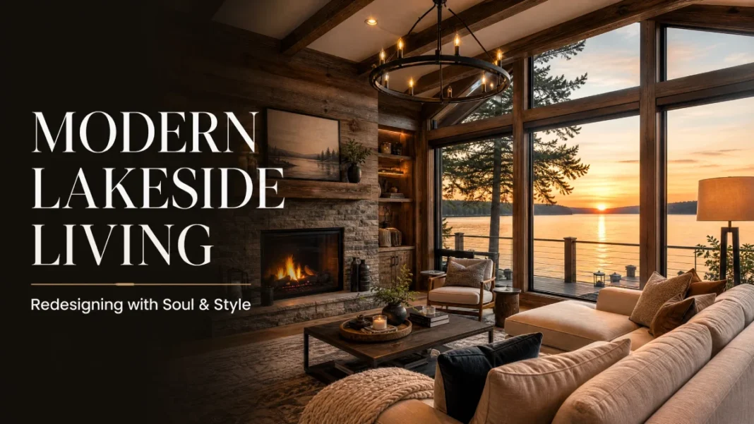 Modern Rustic Lakeside House Interior A cozy lakeside house interior at sunset, blending rustic wooden beams and a stone fireplace with modern furniture and large windows overlooking the lake.
