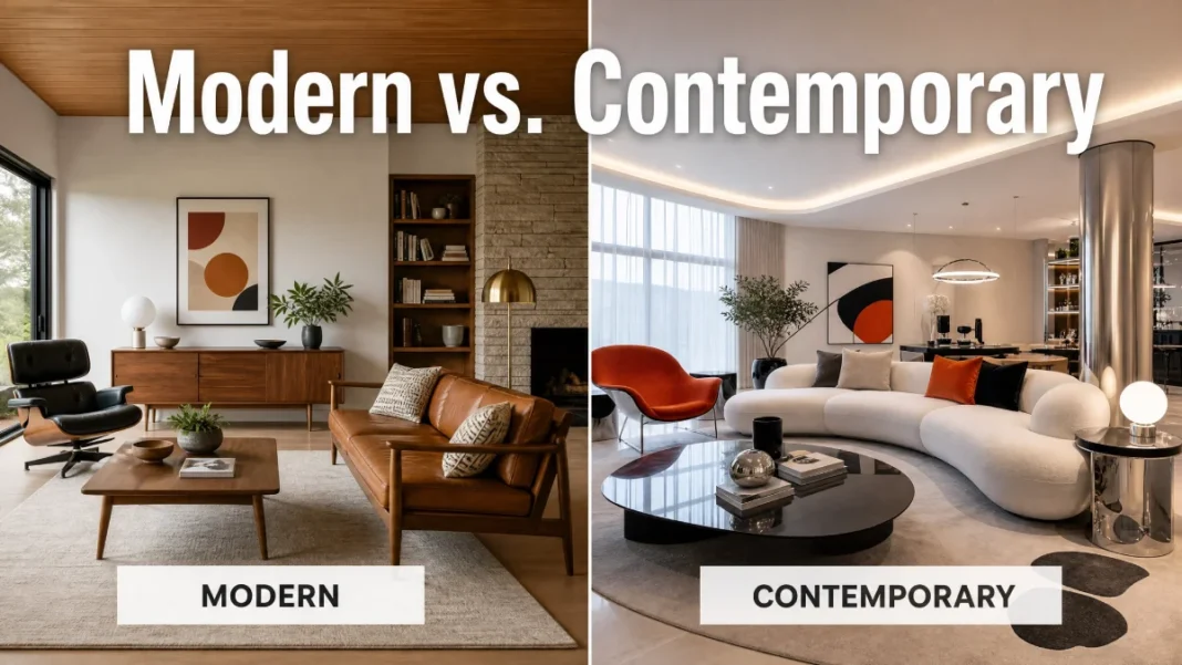 Modern vs Contemporary Interior Design Comparison A side-by-side comparison of Modern and Contemporary interior design. The left side shows a warm, mid-century modern living room with wood accents and clean lines. The right side shows a sleek, contemporary living room with curved furniture and metallic finishes.