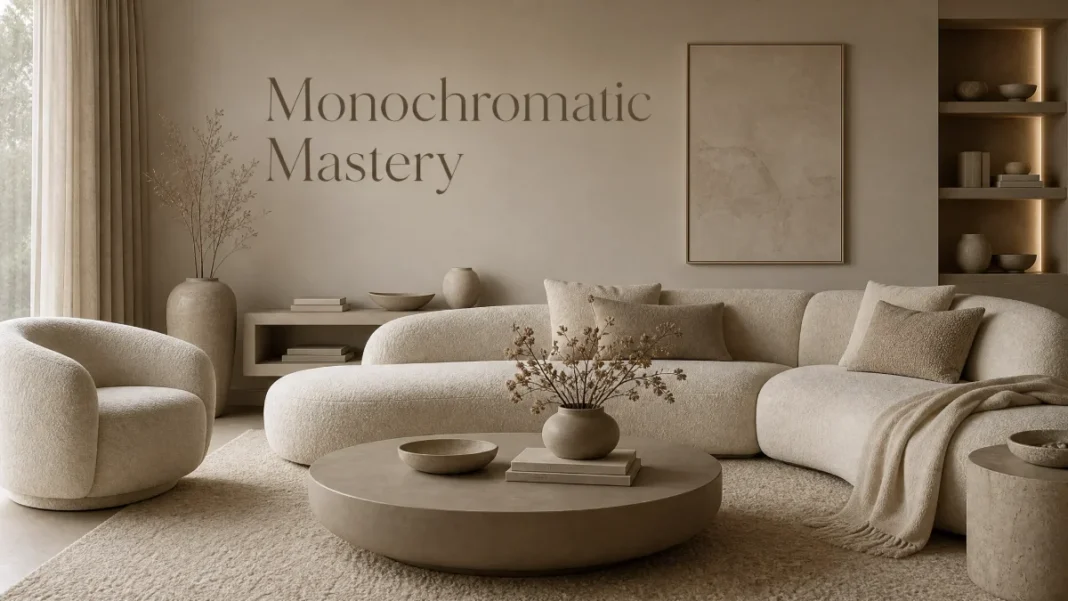 A layered monochromatic living room in warm greige with a bouclé sofa, velvet pillows, matte walls, glossy ceramic accents, and a raw wood coffee table, demonstrating how texture and shade variation prevent a flat look in single-color design.
