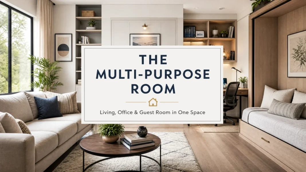 A modern, well-organized room featuring a living area, home office desk, and a guest daybed in one cohesive space.
