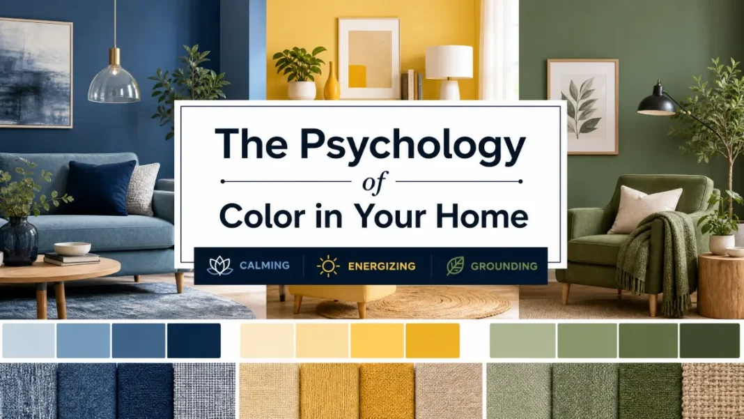 Psychology of color in home decor A split-view interior design image showing calming blue, energizing yellow, and grounding green room zones with a professional text overlay reading