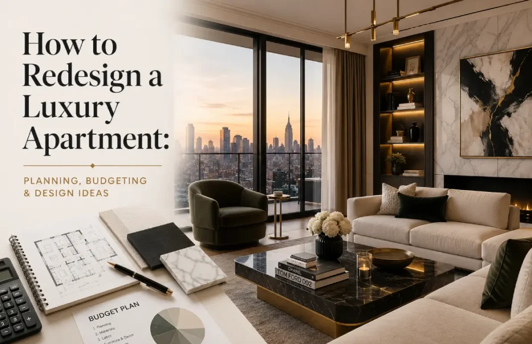 How to Redesign a Luxury Apartment – Planning, Budgeting & Design Ideas Modern luxury apartment interior showcasing elegant living room design with premium finishes, smart space planning, and contemporary décor for a luxury apartment renovation.