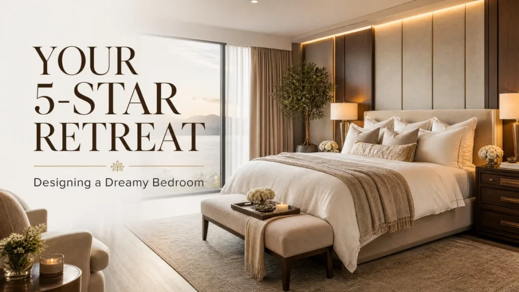 Relaxing Bedroom Retreat Design - Five-Star Hotel Aesthetic A luxurious and serene bedroom with plush white linens, soft lighting, and a peaceful window view, designed to feel like a five-star retreat.