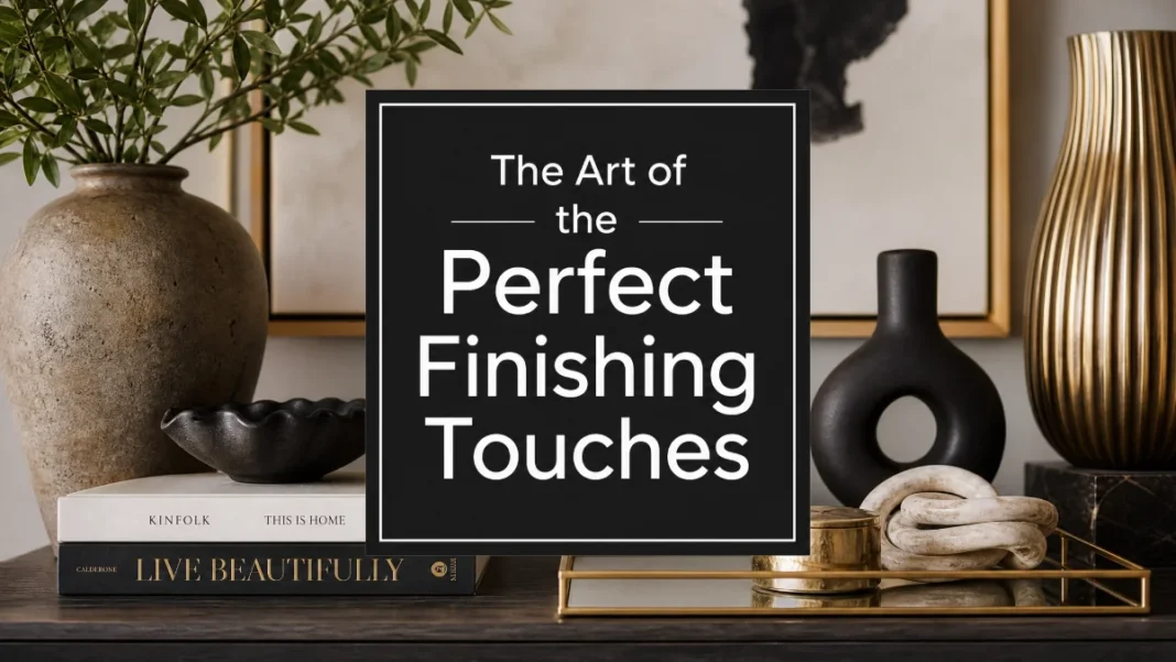 Room Accessorizing Finishing Touches A curated arrangement of home accessories including vases, art books, and decorative trays with a professional text overlay titled