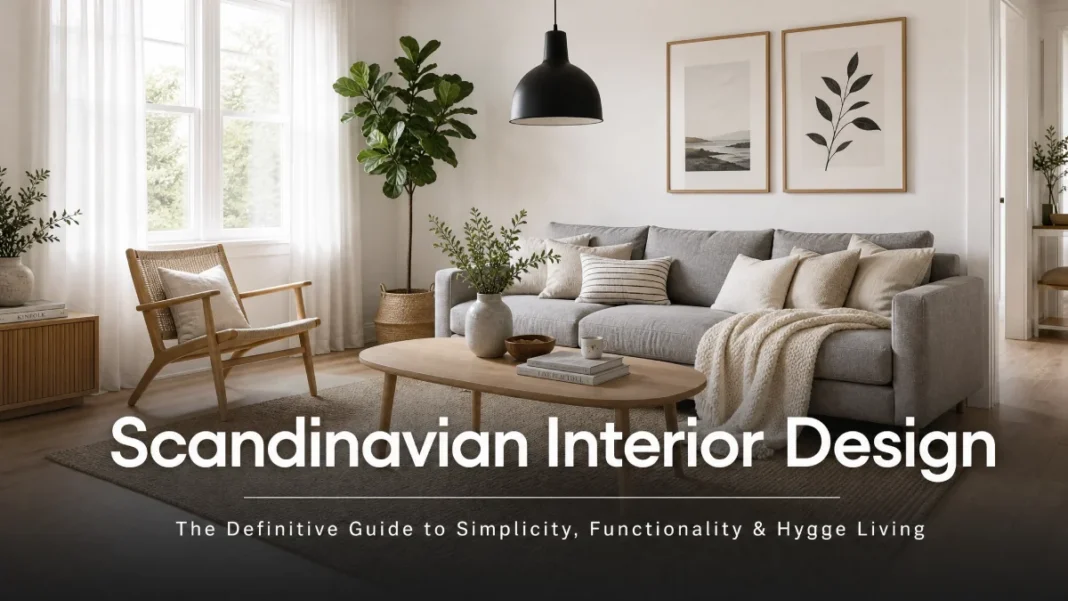 Scandinavian Interior Design – The Definitive Guide to Simplicity, Functionality and Hygge Living Featured image showing a bright Scandinavian living room interior with white walls, natural wood flooring, a grey linen sofa, green plants, and modern furniture, overlaid with the title