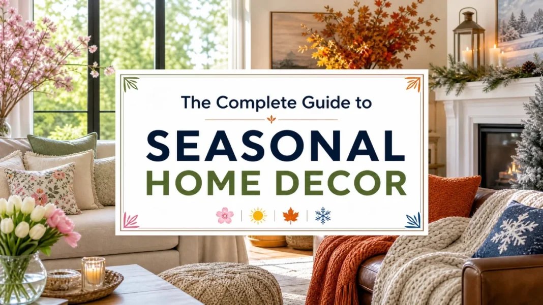 A beautifully decorated living room showing elements of spring, summer, autumn, and winter with a professional text overlay titled 