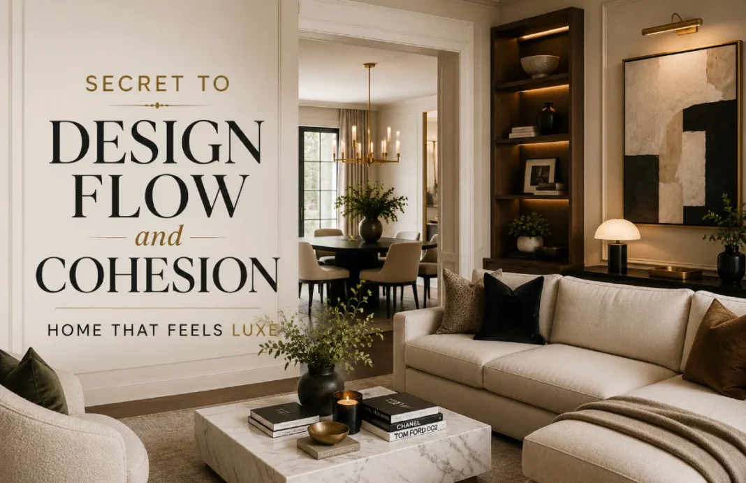 Elegant luxury living room showcasing seamless design flow, cohesive interior styling, neutral color palette, and sophisticated home décor.