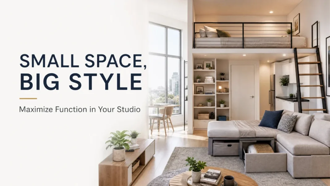 Small Studio Apartment Design - Style and Function A modern small studio apartment featuring a loft bed, multifunctional sofa, and organized shelving to maximize style and function.