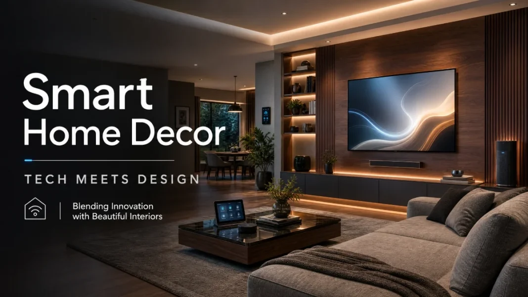 Smart Home Decor - Aesthetic Tech Integration A modern, luxury living room featuring a Samsung Frame TV displaying artwork, minimalist smart speakers on a bookshelf, and a clutter-free space with hidden cable management.