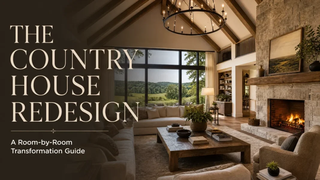 Spacious Country House Interior Redesign - Transformation Guide A luxurious country house living room with high vaulted ceilings, wooden beams, and a stone fireplace, illustrating a room-by-room redesign transformation.