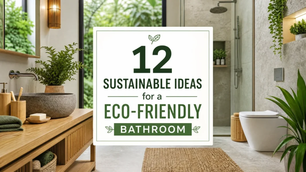 Sustainable Bathroom Decor - Eco friendly ideas A modern eco-friendly bathroom with bamboo accessories and plants, featuring a professional text overlay titled