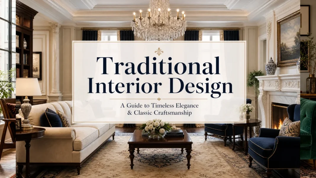Timeless Elegance of Traditional Interior Design- A luxurious traditional living room featuring symmetrical furniture, a crystal chandelier, and classic craftsmanship, serving as a guide to timeless elegance.