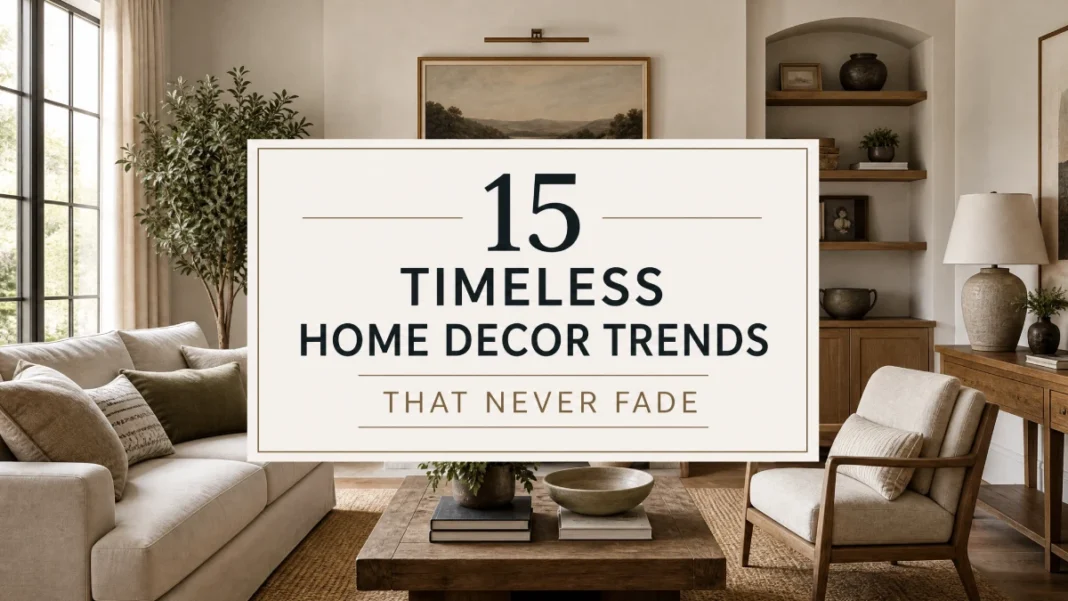 Timeless Home Decor Trends - Style Guide A beautifully designed living room with neutral tones and classic furniture, featuring a professional text overlay reading