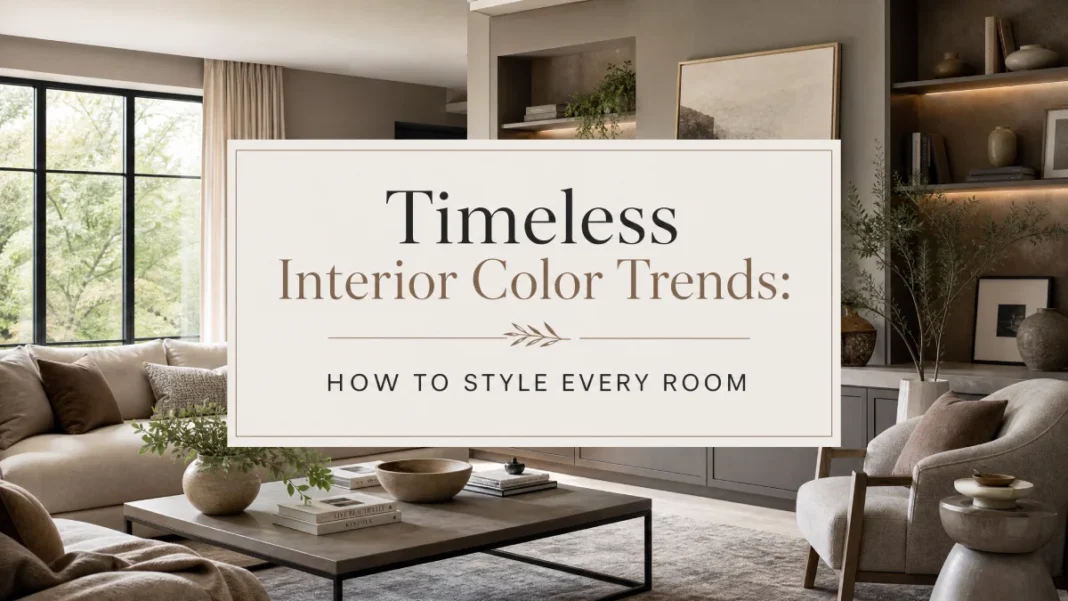 Timeless Interior Color Trends Guide A modern living room with neutral and earth-toned interior design, featuring a professional text overlay titled