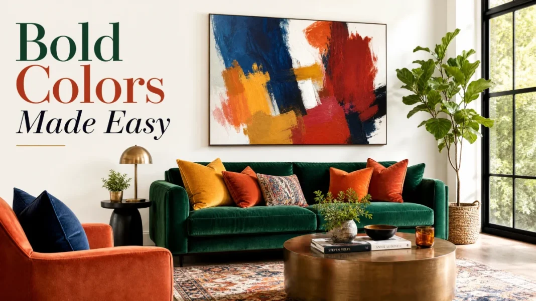 A vibrant living room featuring a deep emerald green velvet sofa with mustard yellow and terracotta pillows, a large abstract painting, and a brass coffee table, demonstrating how to use bold colors in home decor.