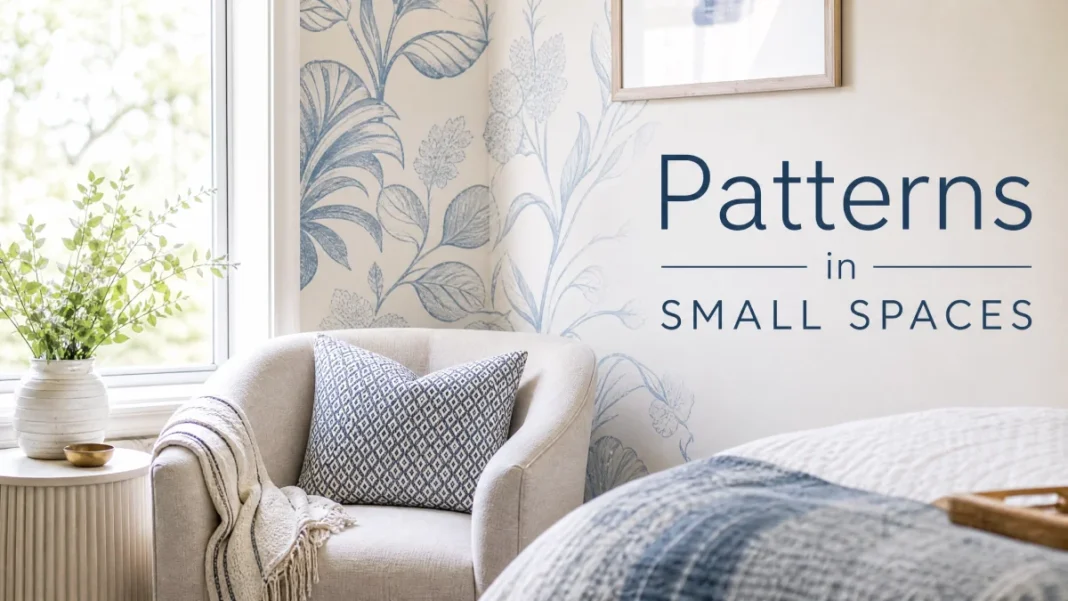 Using Patterns in Small Spaces A cozy, bright small room featuring large-scale blue botanical wallpaper, a neutral armchair with a geometric pattern pillow, and natural lighting, showing how to mix patterns in limited spaces.