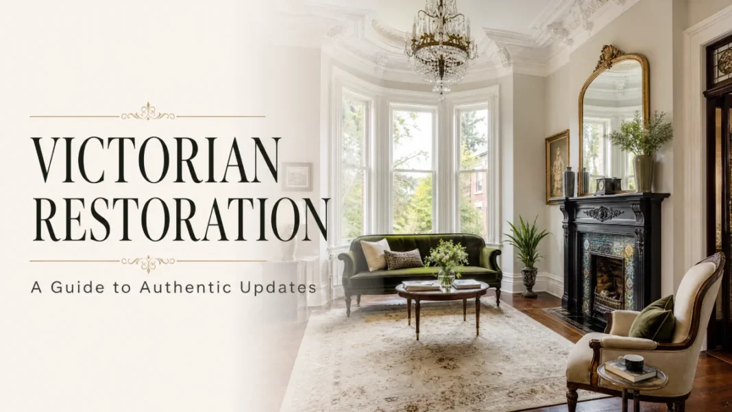 Victorian House Restoration - Authentic Room-by-Room Guide A beautifully restored Victorian living room featuring intricate crown molding, a decorative fireplace, and classic furniture.