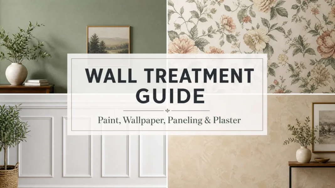A four-way split image showing a painted wall, patterned wallpaper, wooden paneling, and textured plaster.